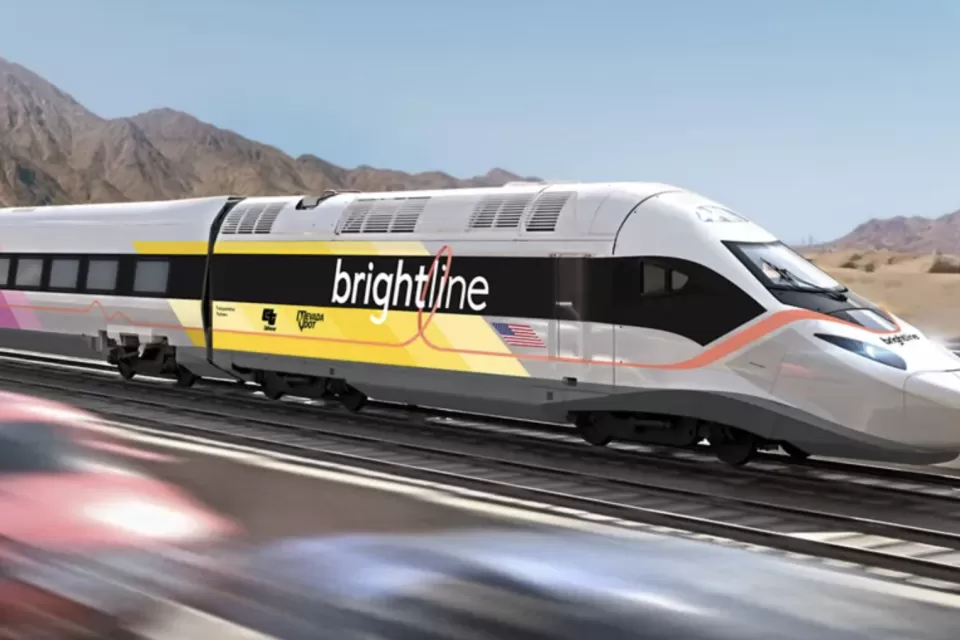 Rendering of Brightline West high-speed train with southwest desert mountains in background